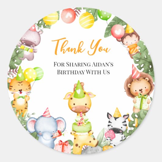 Safari Animals Kinder Partij Bedankt Ronde Sticker (Voorkant)