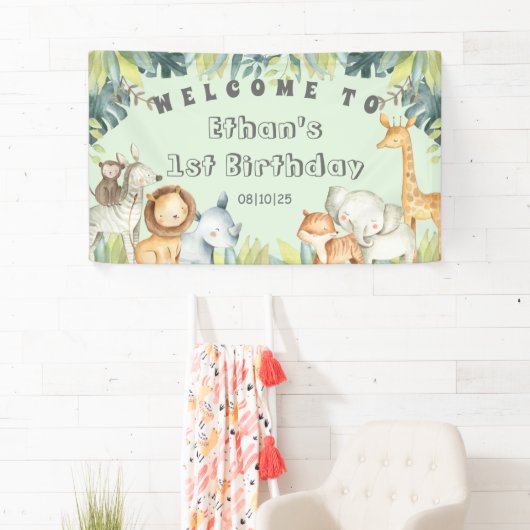 Safari animals mint oerwoud 1e verjaardag  spandoek (Insitu)