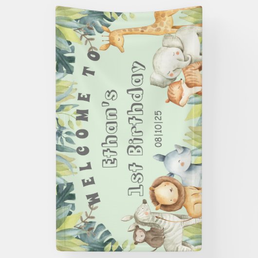 Safari animals mint oerwoud 1e verjaardag  spandoek (Verticaal)