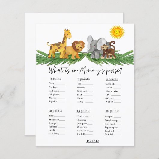 Safari Animals Mummy's Purse Baby shower Game (Voorkant / Achterkant)