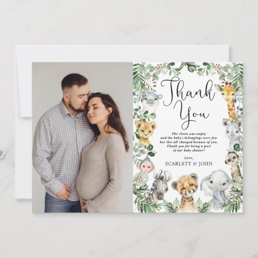 Safari Animals Oerwoud Greenery Baby shower Foto Bedankkaart (Voorkant)