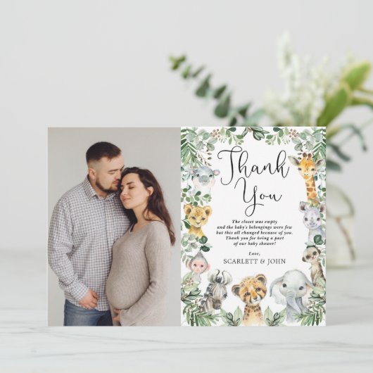 Safari Animals Oerwoud Greenery Baby shower Foto Bedankkaart (Staand voorkant)