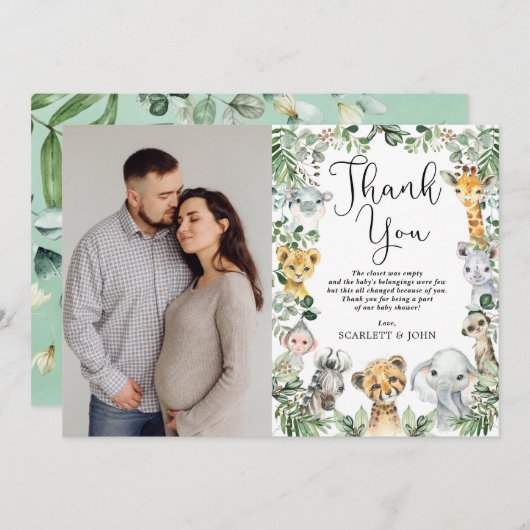 Safari Animals Oerwoud Greenery Baby shower Foto Bedankkaart (Voorkant / Achterkant)