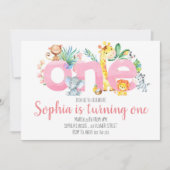 Safari Animals Oerwoud Roze Meisje 1e verjaardag Kaart (Voorkant)