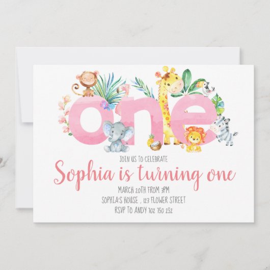 Safari Animals Oerwoud Roze Meisje 1e verjaardag Kaart (Voorkant)