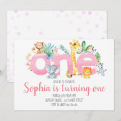 Safari Animals Oerwoud Roze Meisje 1e verjaardag Kaart (Voorkant / Achterkant)