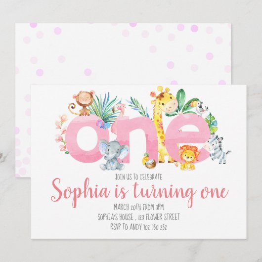 Safari Animals Oerwoud Roze Meisje 1e verjaardag Kaart (Voorkant / Achterkant)