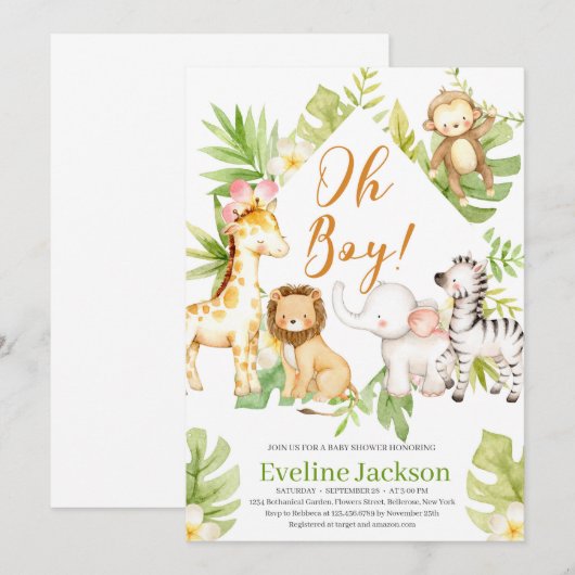 Safari Animals Oh Boy Baby shower uitnodiging Groe (Voorkant / Achterkant)