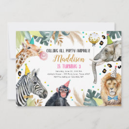 Safari Animals Party Girl Gold Pink Birthday Kaart