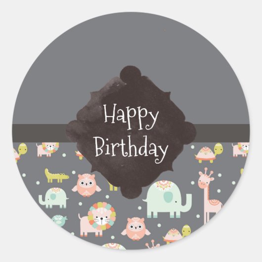 Safari Animals Pattern Nursery Art Happy Birthday Ronde Sticker (Voorkant)