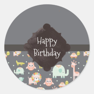 Safari Animals Pattern Nursery Art Happy Birthday Ronde Sticker