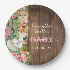 Safari Animals Pink Rustic Baby Shower Papieren Bordje