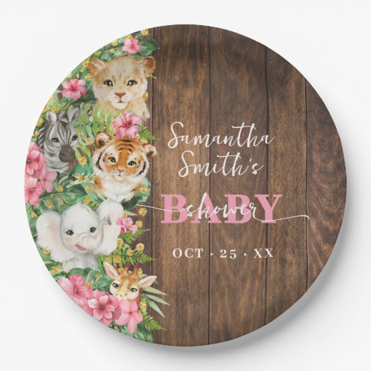 Safari Animals Pink Rustic Baby Shower Papieren Bordje (Voorkant)
