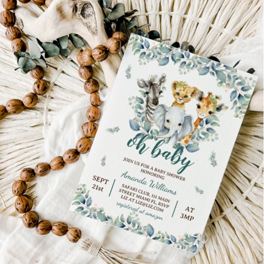Safari Animals Sage Green Baby shower Kaart
