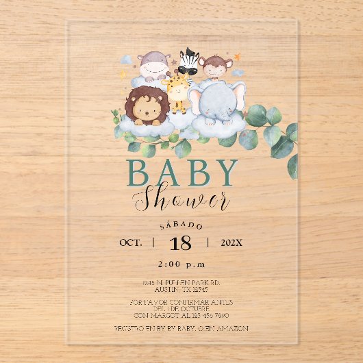 Safari Animals Spaans Baby shower Oerwoud Acryl Uitnodigingen (Voorkant)