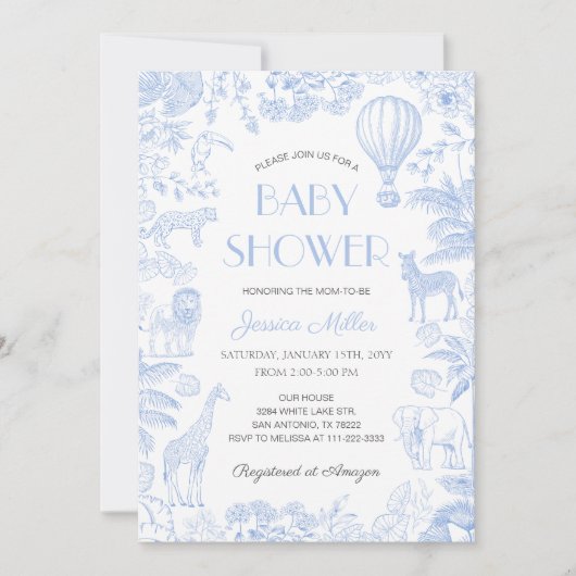 Safari Animals Toile de Jouy Boy Baby shower Kaart (Voorkant)