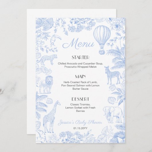 Safari Animals Toile de Jouy Boy Baby shower Menu' Menu (Voorkant / Achterkant)