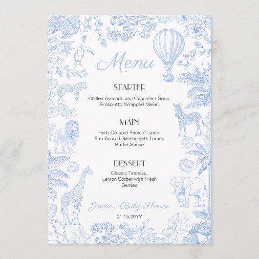 Safari Animals Toile de Jouy Boy Baby shower Menu' Menu (Voorkant)