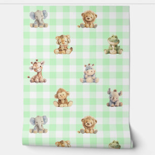 Safari Animals Toys Green Plaid Baby Nursery Behang