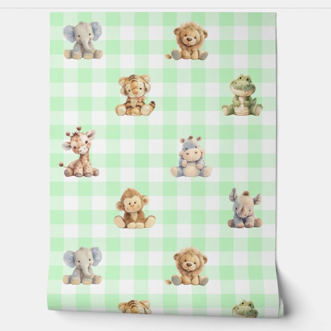 Safari Animals Toys Green Plaid Baby Nursery Behang (Afrollen)