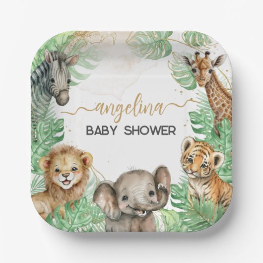 Safari animals Tropical greenery Baby shower Papieren Bordje (Voorkant)