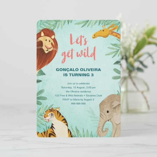 Safari Animals Verjaardag Oerwoud Party Boy Lets W Kaart (Staand voorkant)