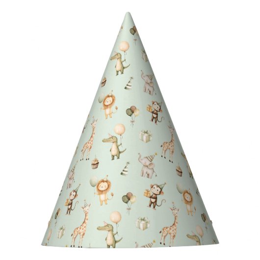 Safari Animals Verjaardagsfeest Pet 1e Oerwoud Gro Feesthoedjes (Voorkant)