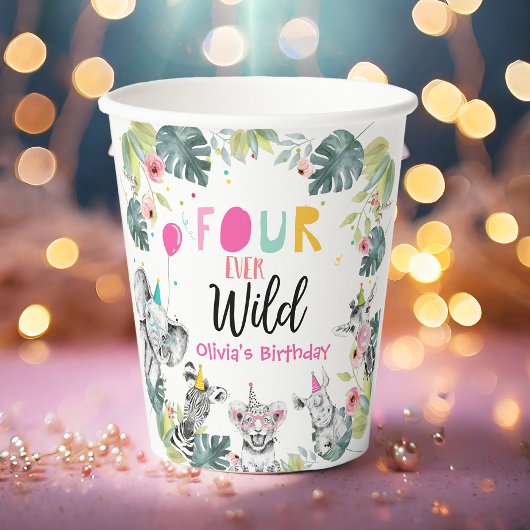 Safari Animals Vier keer Wild Birthday Pink Girl Papieren Bekers