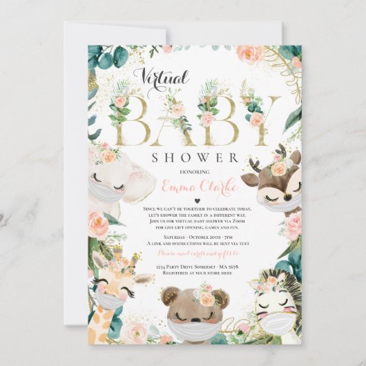 Safari Animals Virtual Baby shower Greenery Gold Kaart (Voorkant)