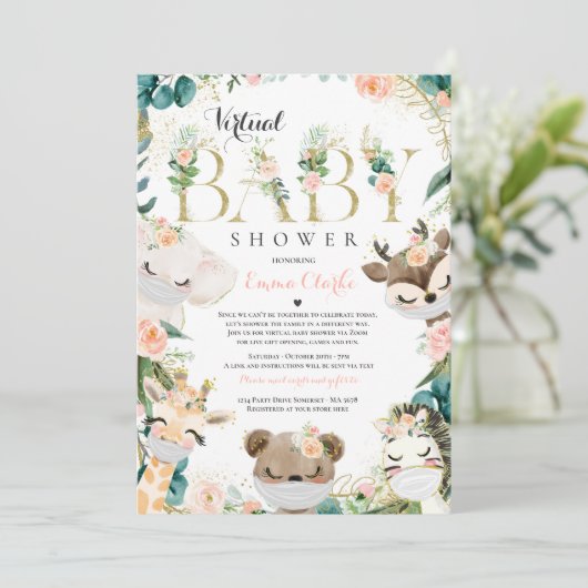 Safari Animals Virtual Baby shower Greenery Gold Kaart (Staand voorkant)