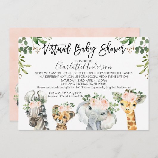 Safari Animals Virtual Baby shower Invitation Kaart (Voorkant / Achterkant)