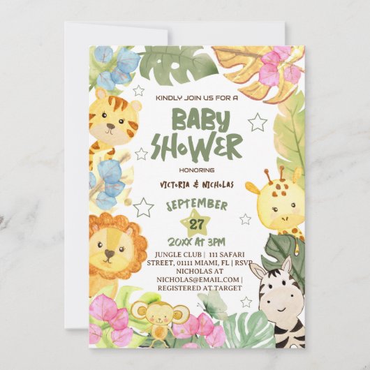 Safari Animals Waterverf Baby shower Kaart (Voorkant)