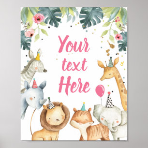 Safari Animals Wild Girl Birthday Party Table Sign Poster
