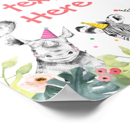Safari Animals Wild Girl Birthday Party Table Sign Poster (Hoek)