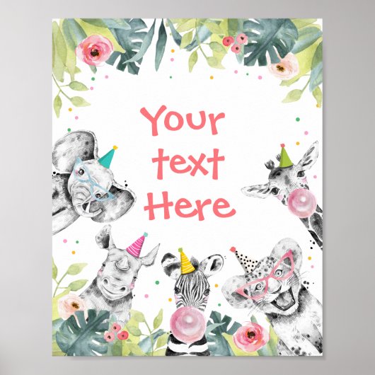 Safari Animals Wild Girl Birthday Party Table Sign Poster (Voorkant)