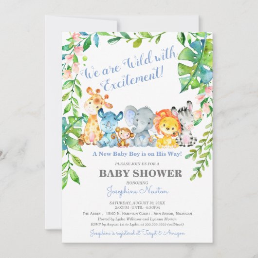 Safari Animals Wild Oerwoud Boy Baby shower Kaart (Voorkant)