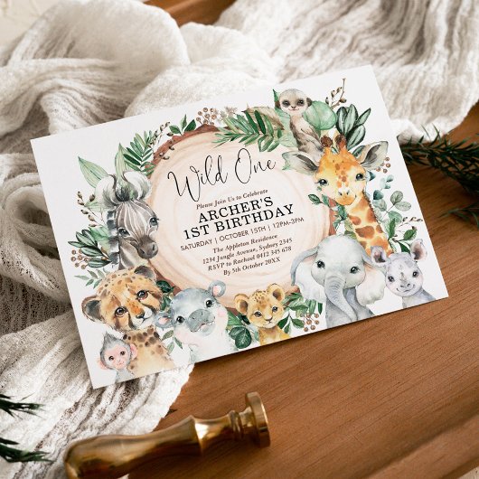 Safari Animals Wild One 1st Birthday Oerwoud Party Kaart