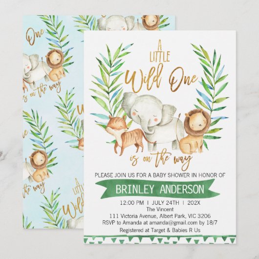 Safari Animals Wild One Baby shower Invitation Kaart (Voorkant / Achterkant)