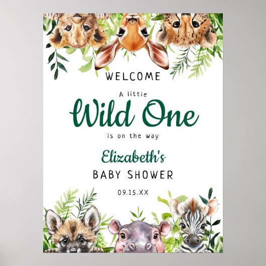 Safari Animals Wild One Baby shower Welkomstbord Poster (Voorkant)