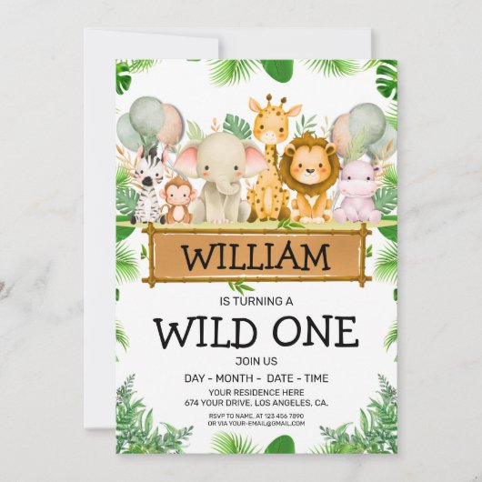 Safari Animals Wild One Birthday FOTO-uitnodiging Kaart (Voorkant)