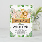 Safari Animals Wild One Birthday FOTO-uitnodiging Kaart (Staand voorkant)