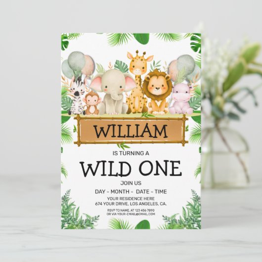 Safari Animals Wild One Birthday FOTO-uitnodiging Kaart (Staand voorkant)