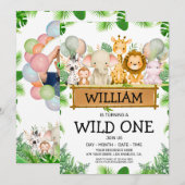 Safari Animals Wild One Birthday FOTO-uitnodiging Kaart (Voorkant / Achterkant)