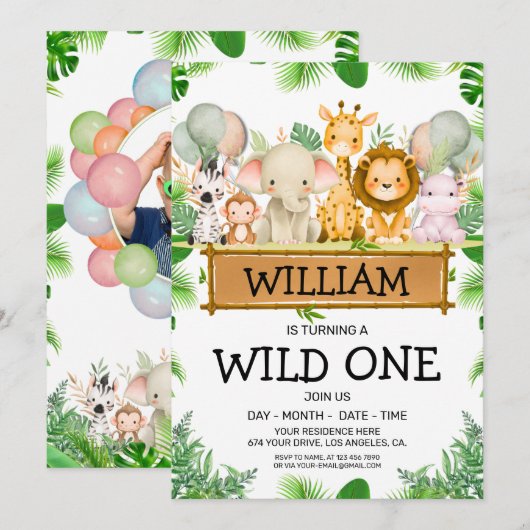 Safari Animals Wild One Birthday FOTO-uitnodiging Kaart (Voorkant / Achterkant)