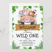 Safari Animals Wild One Birthday Invitation Kaart (Voorkant / Achterkant)