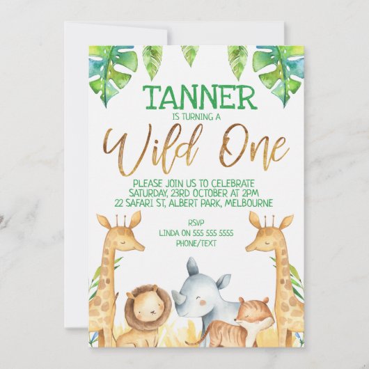 Safari Animals Wild One Birthday Invitation Kaart (Voorkant)