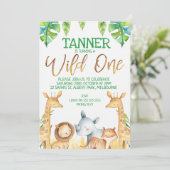 Safari Animals Wild One Birthday Invitation Kaart (Staand voorkant)