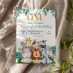Safari Animals Wild One Birthday Invitation Kaart