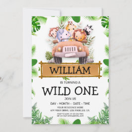 Safari Animals Wild One Birthday Invitation Kaart