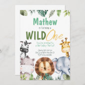 Safari Animals Wild One Birthday Invitation Kaart (Voorkant / Achterkant)